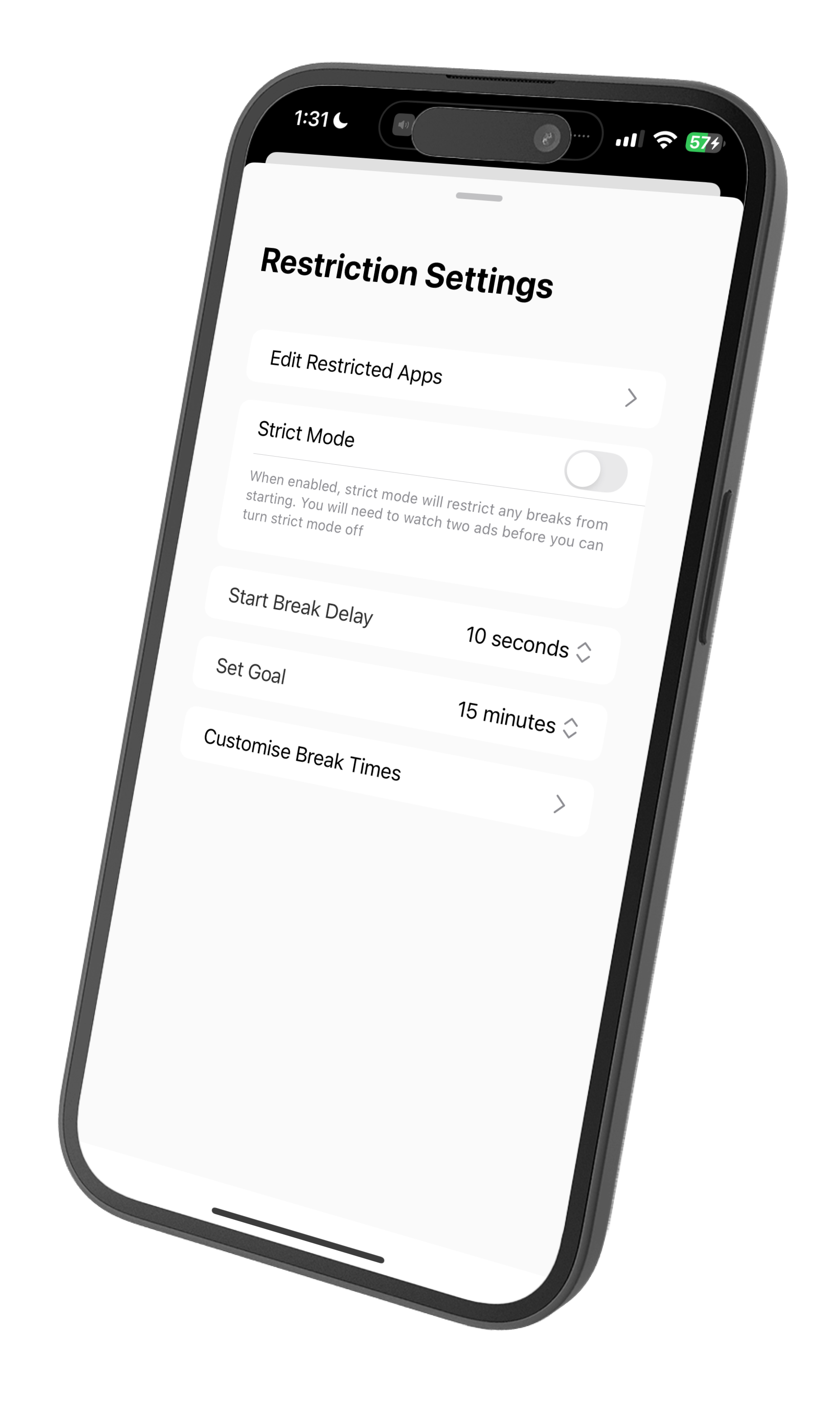 iPhone screenshot of Breaktime app